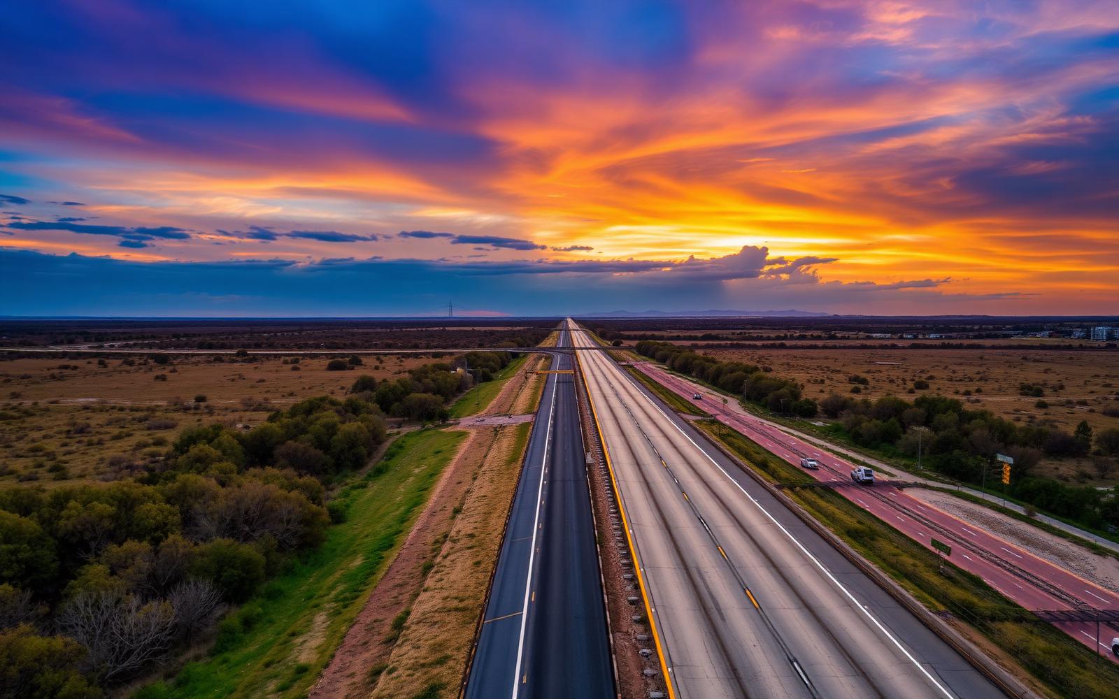 Open highway at sunset